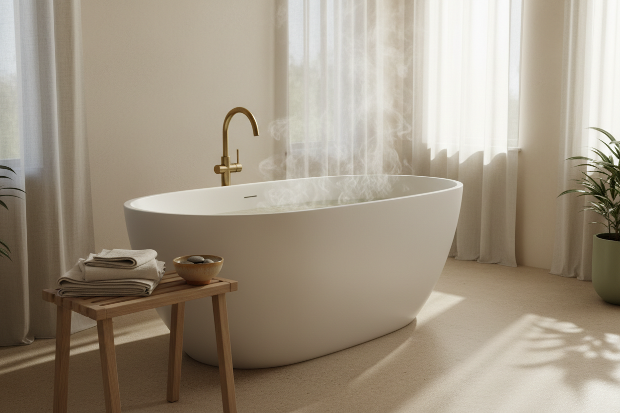 A calm, luxurious self-care bath scene in a modern spa-like bathroom.
A sculptural white freestanding bathtub filled with warm water, soft natural daylight filtering through sheer linen curtains, gentle steam rising.
Neutral tones of beige, sand, and soft sage.
Minimal styling with folded linen towels, a small wooden stool, and a ceramic bowl.
No people, no text, no clutter.
Soft shadows, shallow depth of field, editorial photography style, premium wellness aesthetic, slow living mood.