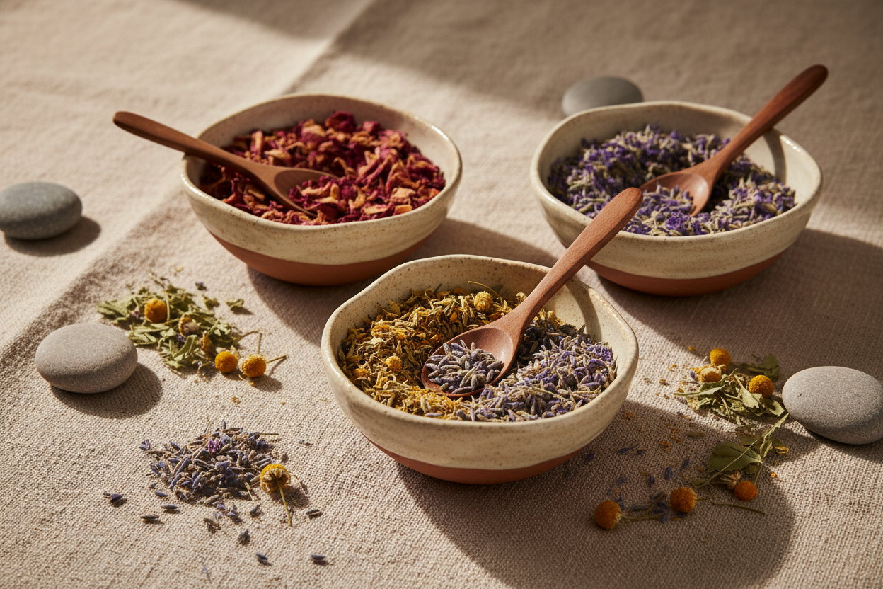 A close-up, editorial-style self-care ritual scene with dried botanicals arranged on natural linen fabric.
Rose petals, lavender buds, chamomile, and herbs placed in handcrafted ceramic bowls with small wooden spoons.
Soft warm natural light, earthy neutral tones, tactile textures.
Minimal composition, calm and intentional, luxury wellness brand aesthetic.
No people, no text, shallow depth of field.