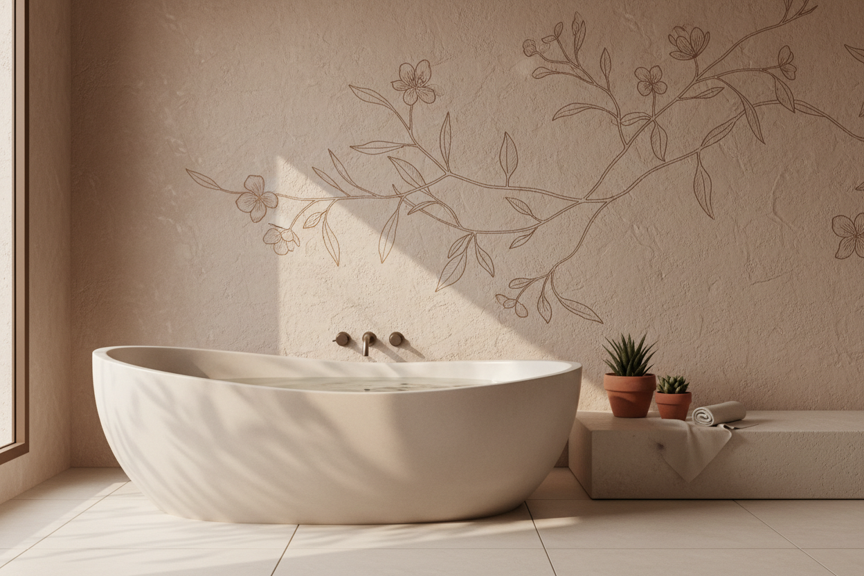 A minimal, serene bathroom or spa interior bathed in warm, natural light.
A smooth, sculptural soaking tub or stone platform sits in the foreground, finished in soft off-white or light sand tones.

The background wall is textured plaster in a warm beige / blush-neutral color, with delicate botanical line art illustrations etched or painted directly onto the wall — subtle leaves and florals in fine, earthy linework.

Sunlight filters in from an unseen window, casting soft, organic shadows of leaves and branc