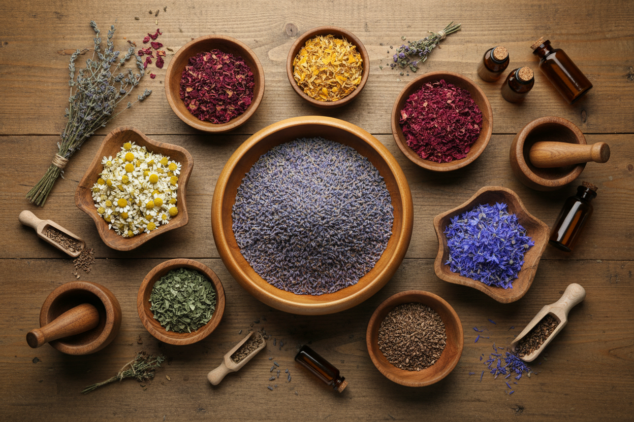 A top-down, flat-lay composition of a botanical apothecary workspace on a warm, rustic wooden table.
At the center is a large round wooden bowl filled with dried lavender buds, surrounded by multiple smaller wooden bowls arranged in a loose circular pattern.

Each small bowl contains different dried herbs and botanicals, including:

chamomile flowers (white petals with yellow centers),

calendula petals (golden yellow),

dried rose pieces (deep burgundy),

blue cornflower petals,

crushed leaves,

seeds and