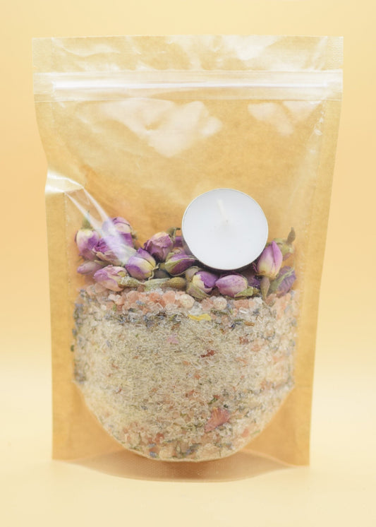 Botanical Bath Salt Soak with Himalayan & Epsom Salt | Rose, Lavender Geranium | Self - Care Ritual | 350 g + Free Candle - SOMA & SAGE