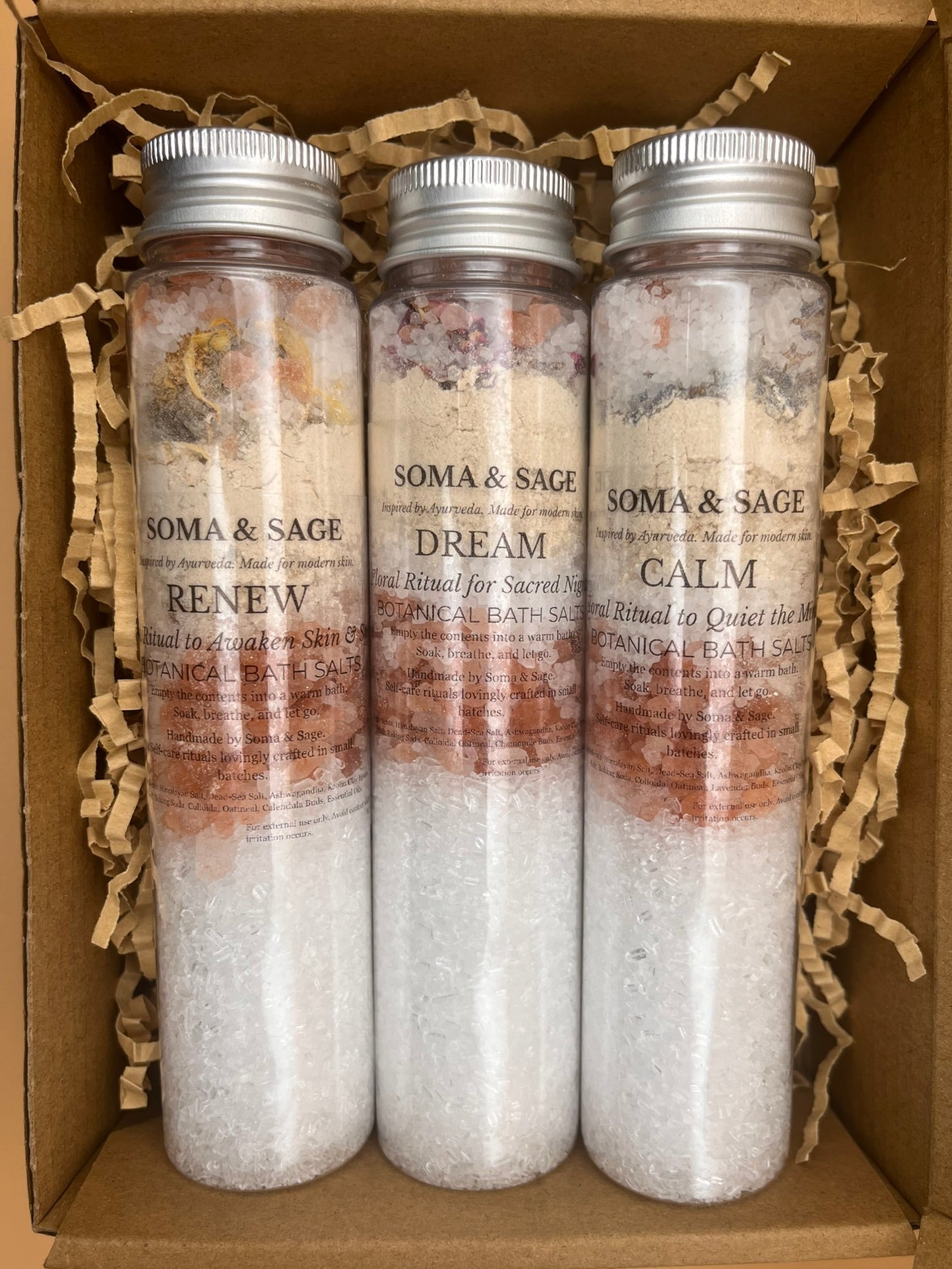 Ritual Bath Salt Soak Trio – Calm, Renew, Dream - SOMA & SAGE